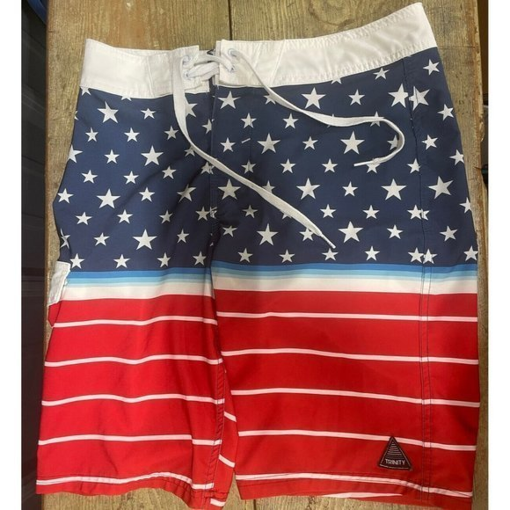 Trinity Board‎ Shorts Swim Patriotic Red White Blue Stars Sz 28 Unlined